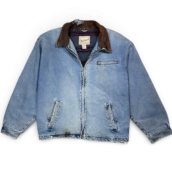 Woolrich 90s Denim Work Jacket Men's L Leather Collar Blanket Lined Distressed - Picture 7 of 16